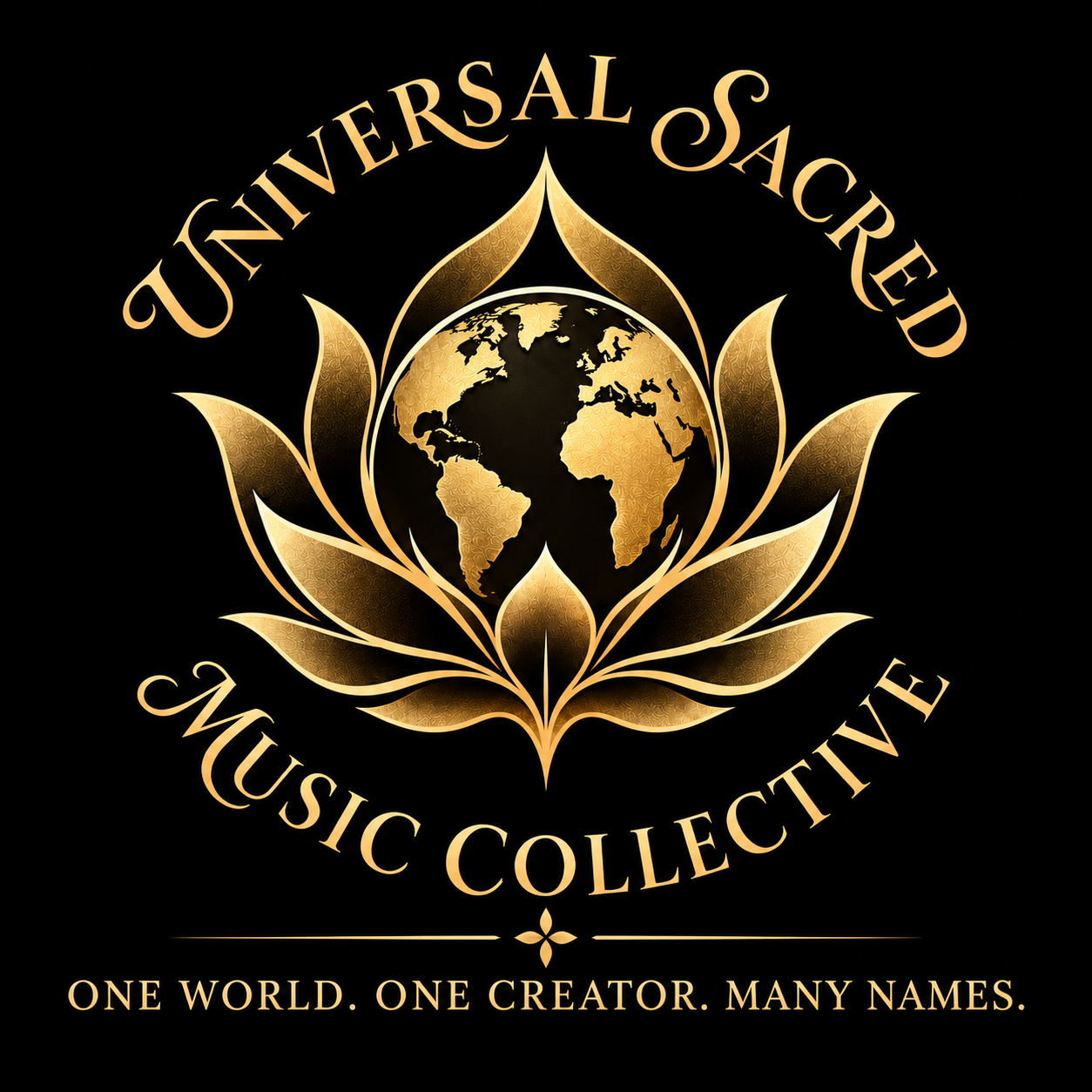 Universal Sacred Music Collective official gold lotus globe logo with tagline One World. One Creator. Many Names.